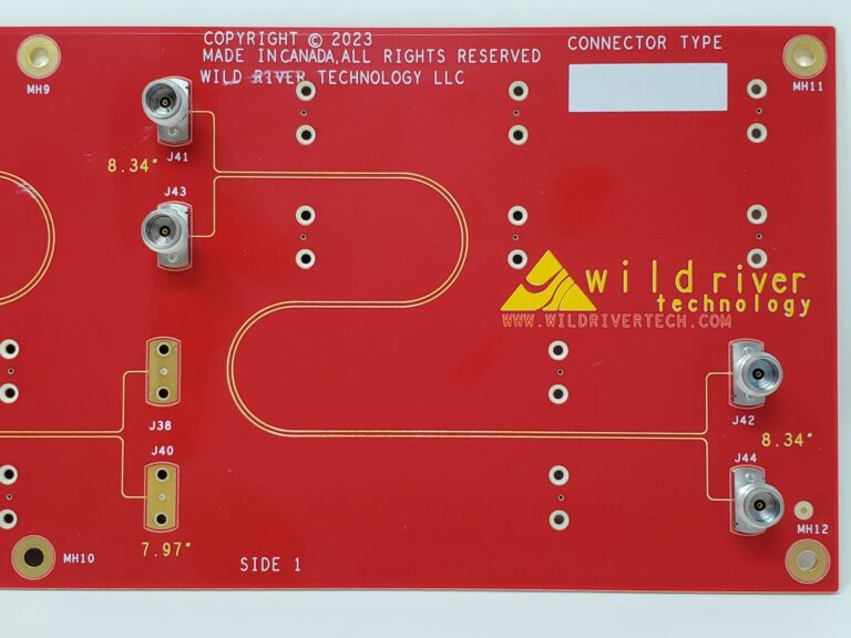 Close-up of one board of the ISI-224 Advanced Loss Modeling Platform Set, a signal integrity test fixture kit developed by Wild River Technology.